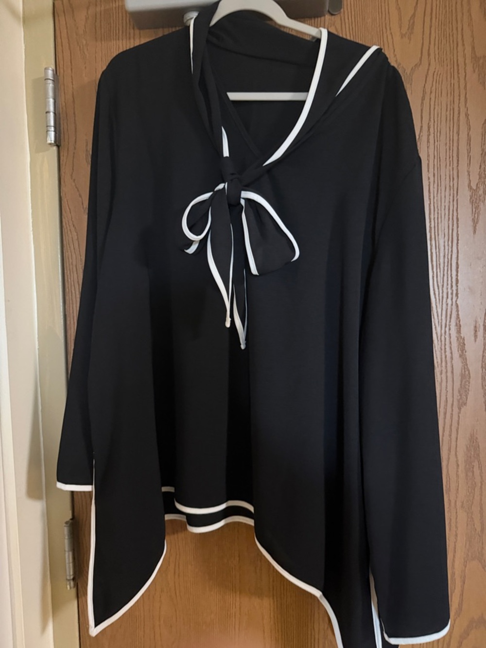 2-pc black with  handkerchief hem -Style Blouse with White Trim